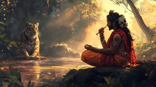 Mystic sage in orange robes meditating by tiger companion.