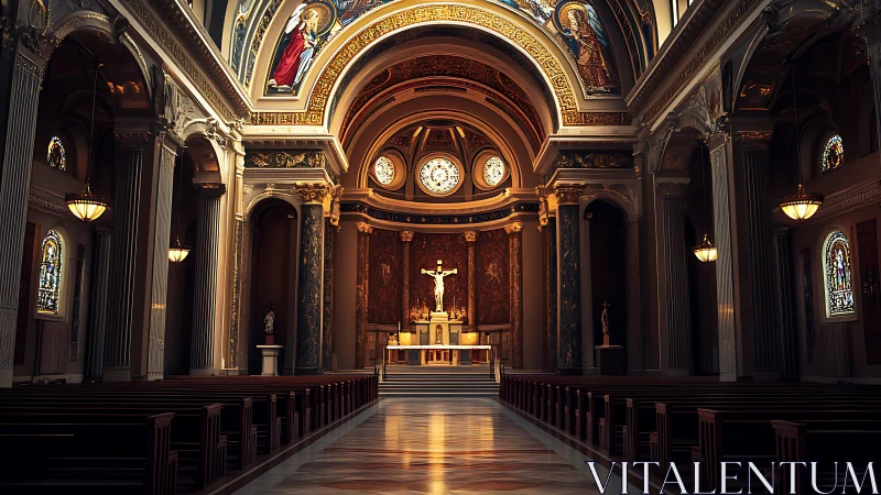 Grand cathedral nave glows with warm gilded morning light.
