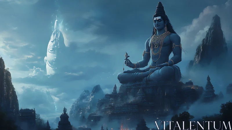 Large seated blue deity above misty mountain temples at dusk.