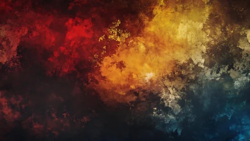 Abstract colorful textured painting with vivid red, yellow, and blue hues.