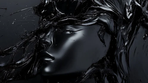 Liquid black visage emerging from abstract darkness.