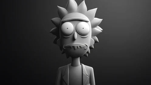 Monochrome spiky-haired toon bust in high-contrast 3D render.
