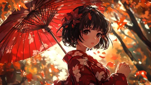 Crimson parasol girl wandering through a glowing autumn dream.