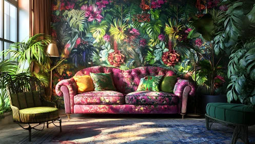Lush tropical lounge with bold floral sofa and sunlight glow.