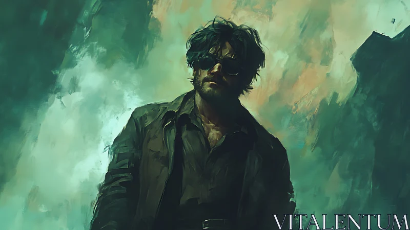 Weathered wanderer in teal stormlight stands in silence.