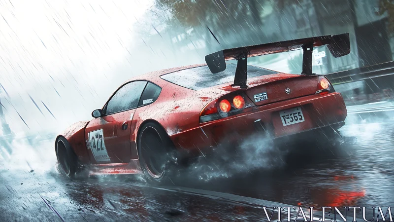 Red racing coupe drifts on wet urban road during rainfall