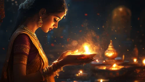 Woman holds illuminated oil lamp in low light environment