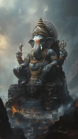 Storm-lit stone deity steadies molten earth with silent grace