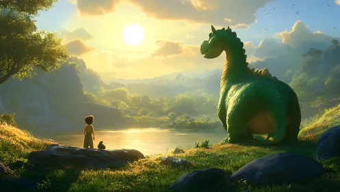 Backlit riverbank encounter of child and dragon at sunset.