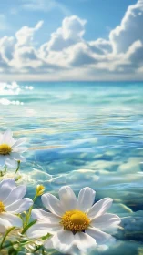 Daisies drift across crystal lagoon under radiant cloud sky.