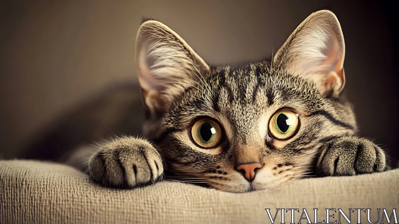 Tabby Cat Peering Over Fabric Edge with Intent Gaze.