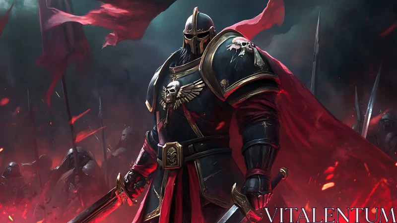 Armored warlord commands burning battlefield in crimson armor.
