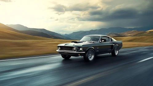 Classic fastback muscle car drives along empty mountain highway