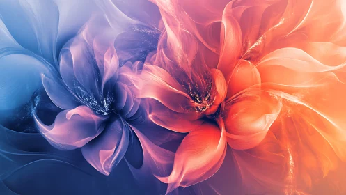 Abstract dual flower forms in blue and orange light.