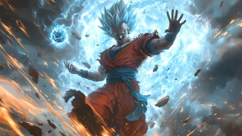 Blazing warrior unleashes a swirling storm of blue energy