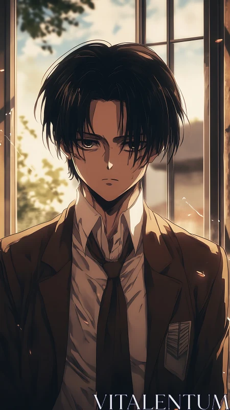 Melancholic anime student bathed in warm evening light.