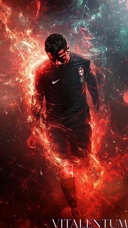 Fiery football warrior strides through blazing cosmic energy