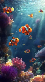 Playful clownfish glide through a glowing coral reef world