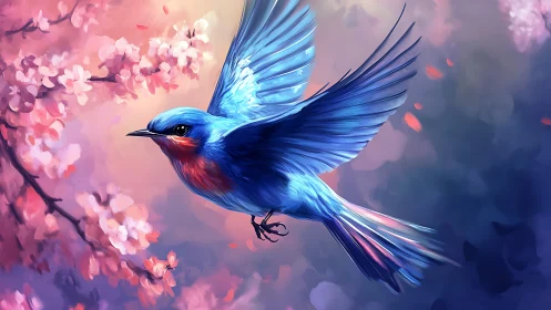 Vibrant bluebird in flight among cherry blossoms, digital painting.