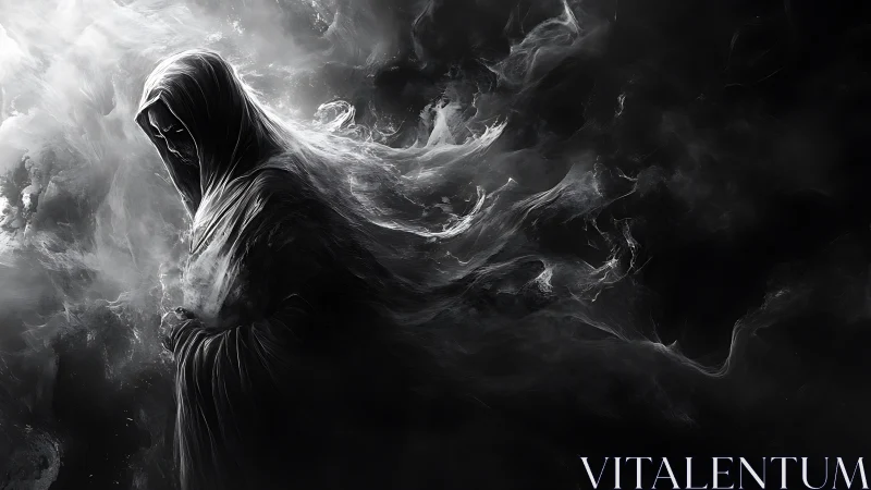 Grim silhouette drifts through stormy ink of the void