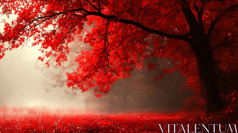 Scarlet forest canopy framing misty backlit meadow scene.