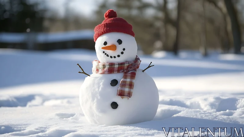 Cheerful snowman in a red hat brightening a sunny winter day.