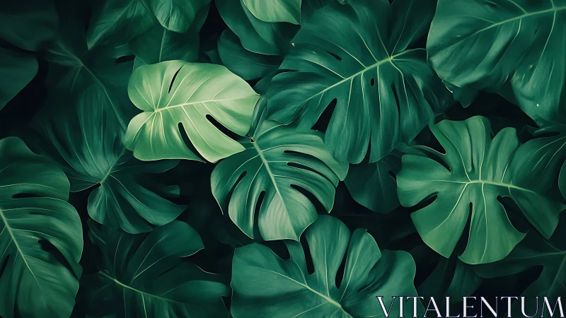 Dense cluster of lush green monstera jungle leaves.