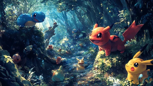 Forest friends share a playful Pokémon adventure in sunlight