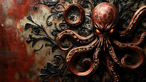 Octopus-like creature is integrated into ornate baroque relief