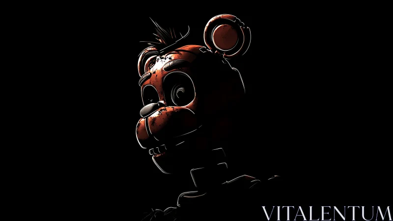 Creepy animatronic bear head in stark side lighting.