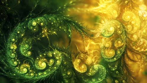 Green and gold fractal spirals form dense branching patterns