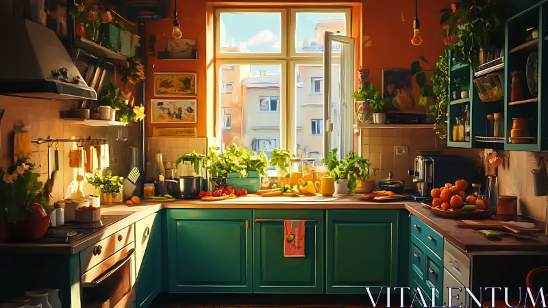 Sunlit cozy kitchen with teal cabinets and fresh produce.