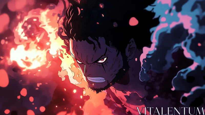 Furious anime warrior emerging from swirling firestorm clouds.