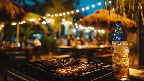 Grill with skewers and drink stands before blurred night diners