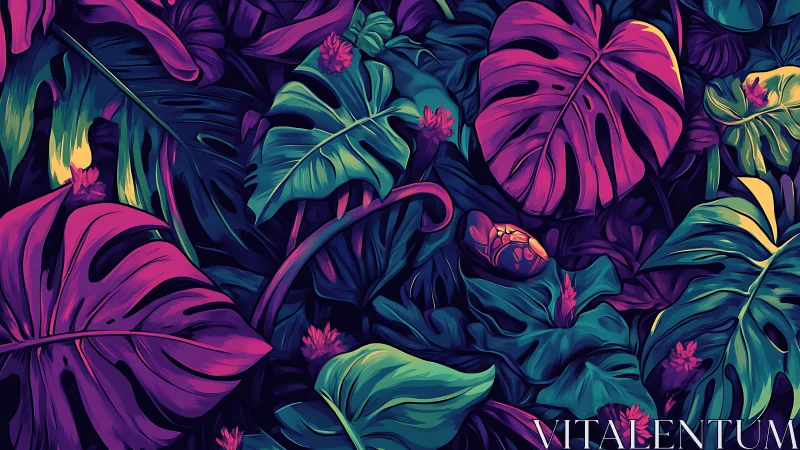 Tropical leaves and flowers rendered in vivid neon hues
