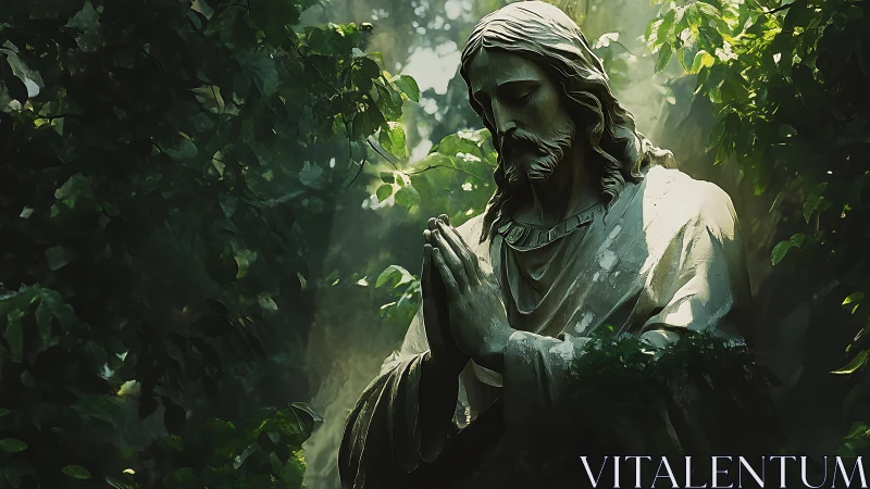 Praying stone messiah statue stands in dappled forest light
