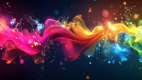 Colorful fluid light trails move across dark digital background.