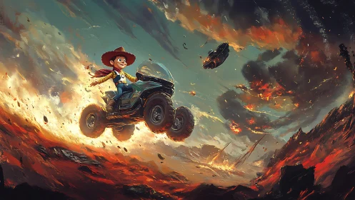 Cowboy toy riding quad bike across erupting lava landscape