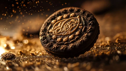 Macro bokeh analysis of embossed chocolate sandwich cookie form.