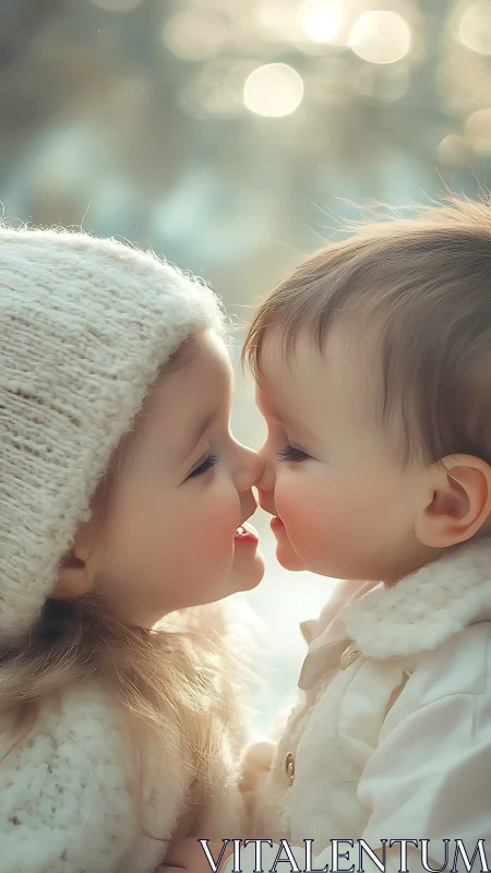 Two children sharing an innocent kiss in winter clothing.