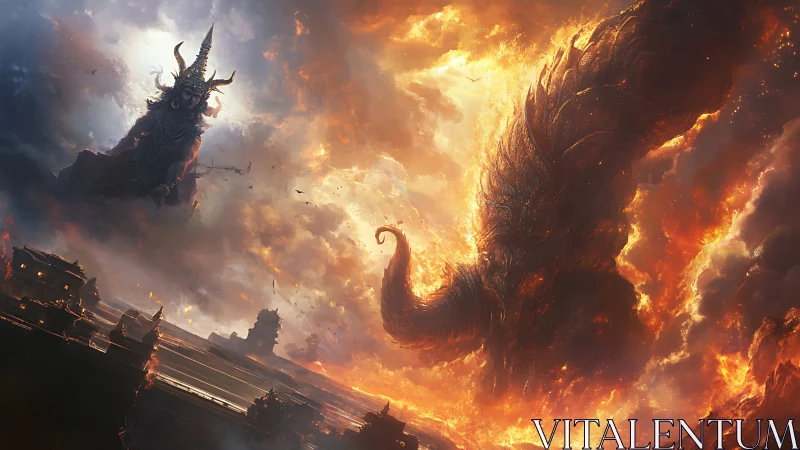 Demonic warlord confronts colossal fire serpent above city