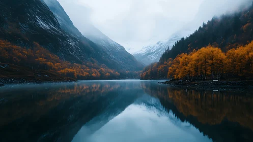 Moody alpine lake with mirrored autumn forest reflections.
