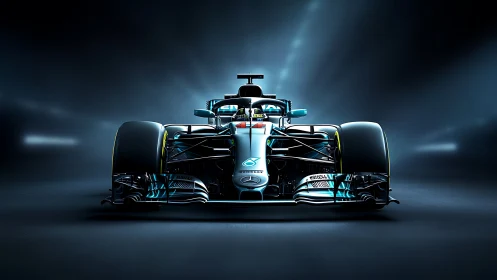 Front-angled Formula race car under dramatic neon studio light.