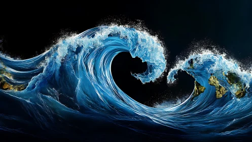 Digital seascape of stylized blue waves on black background.