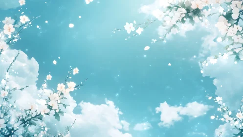 Blossoming branches against dreamy turquoise spring sky.