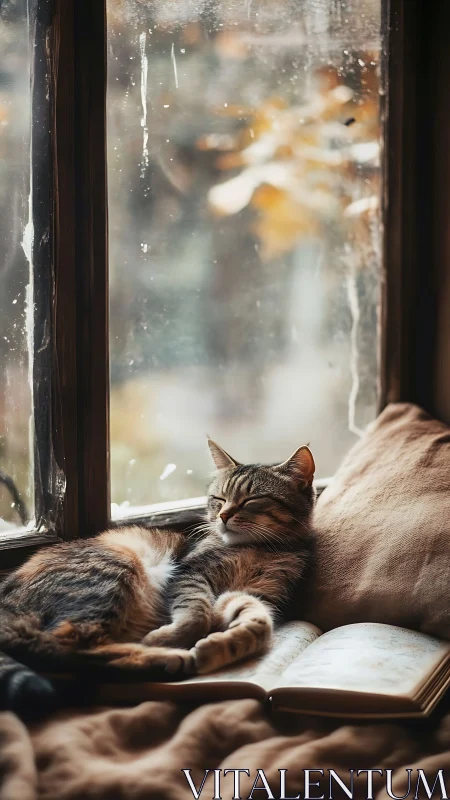 Tabby Cat by Rainy Window with Book.