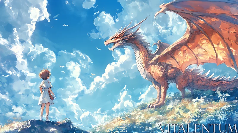 Child facing large orange dragon under bright sky.