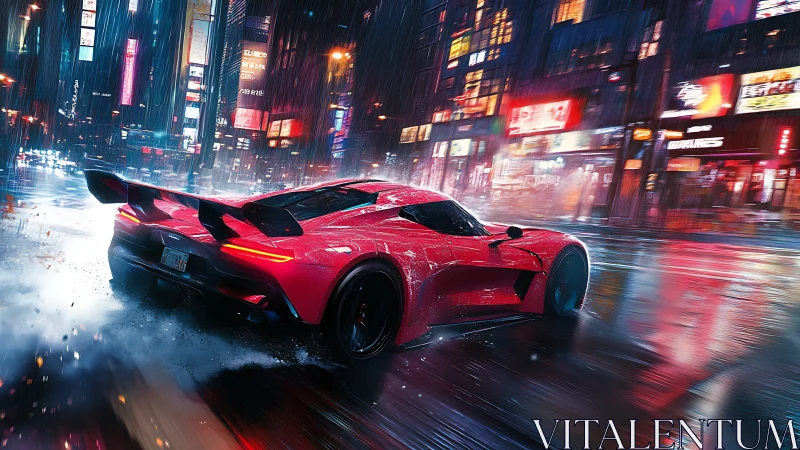 Cyberpunk hypercar in neon rain with dynamic motion blur framing.