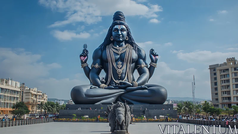 Giant Shiva statue sits cross legged in urban plaza landscape