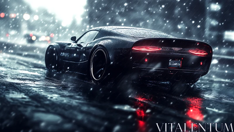 Cinematic sports car rear view in dynamic winter rainstorm.